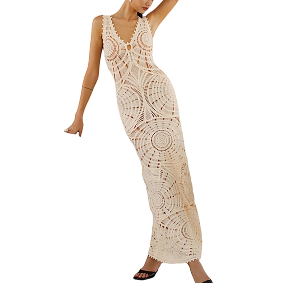 Commense Dresses & Skirts - NWT Commense Cream Crochet Side Cutout Bodycon Cover Up Long Maxi Dress